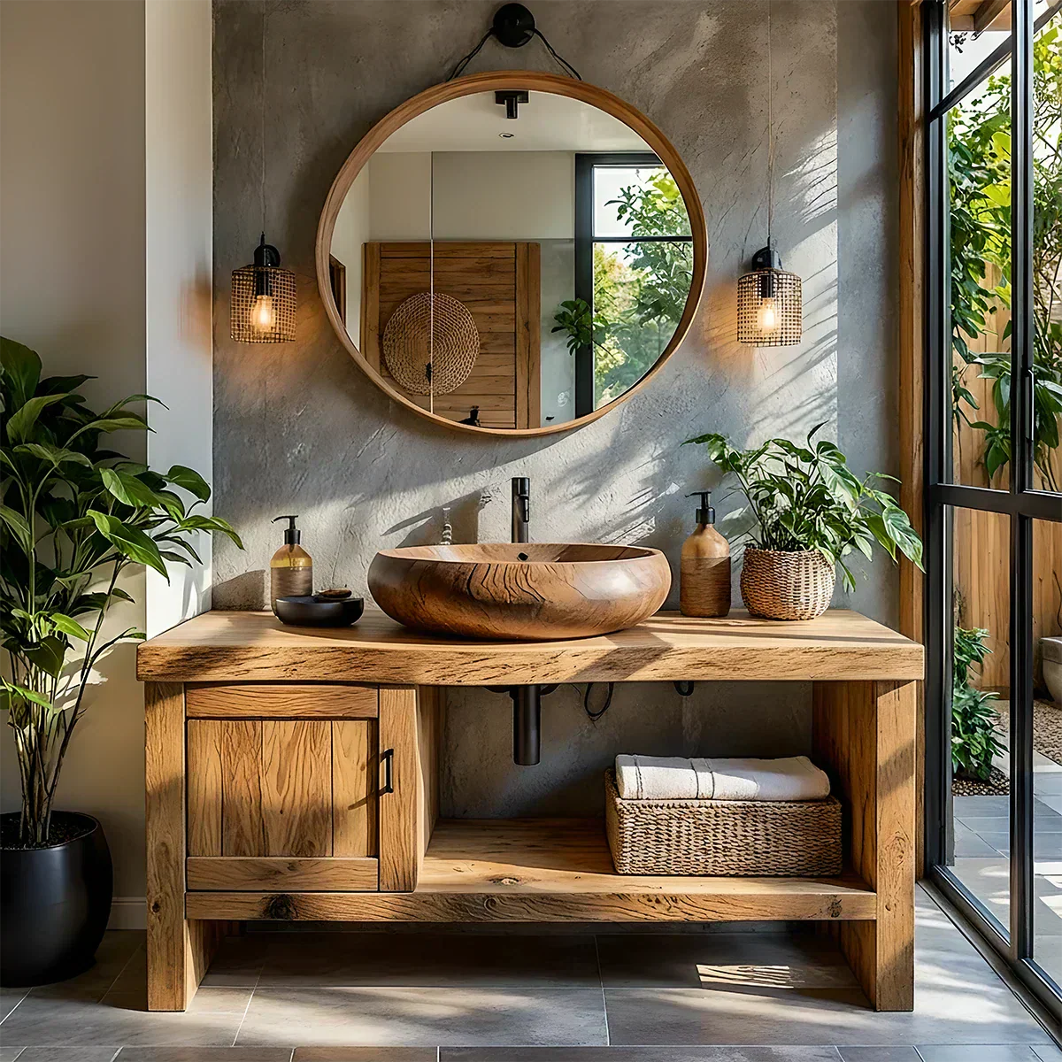 Natural Solid Wood Vanity with Door Cabinet & Open Shelf - Rustiracraft