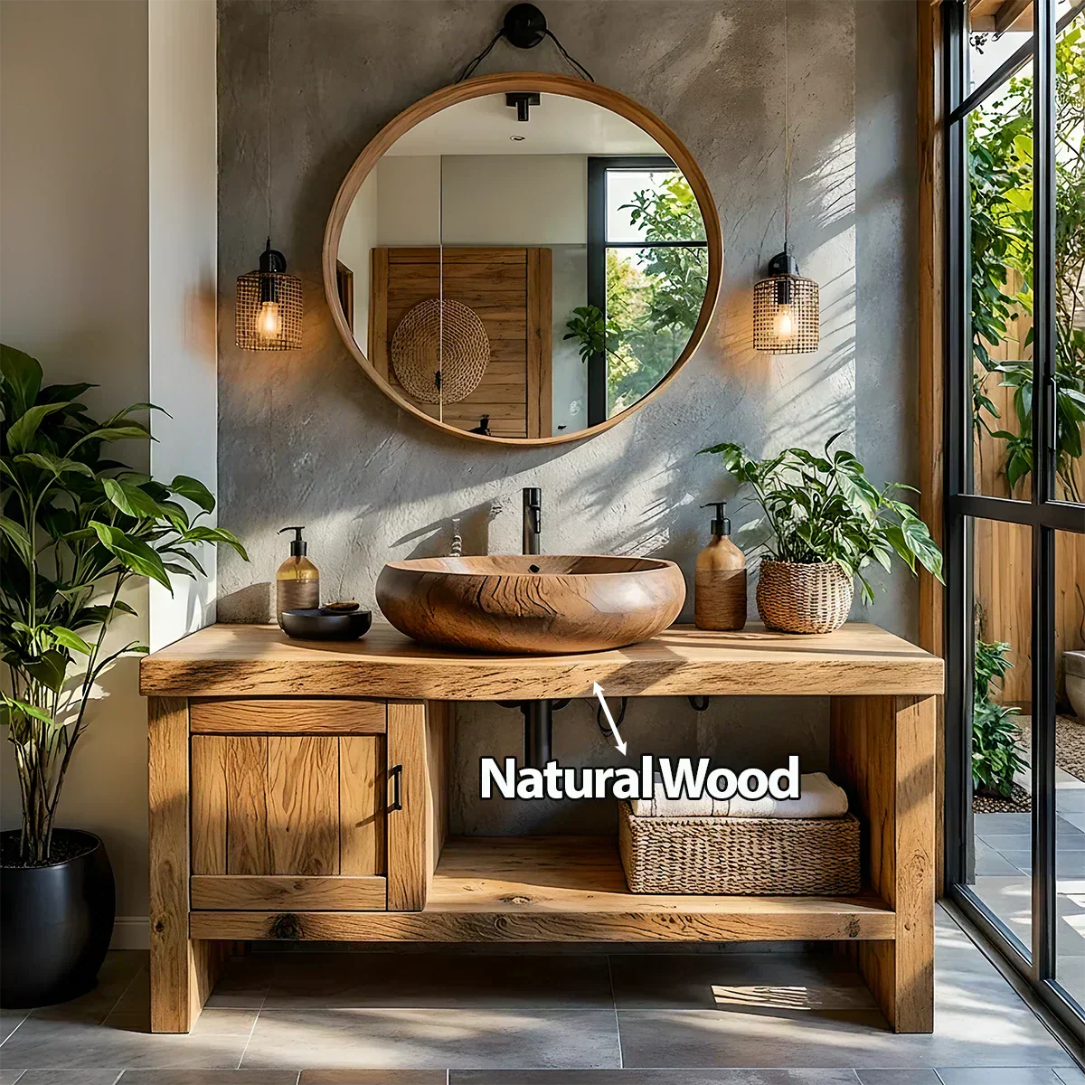 Natural Solid Wood Vanity with Door Cabinet & Open Shelf - Rustiracraft