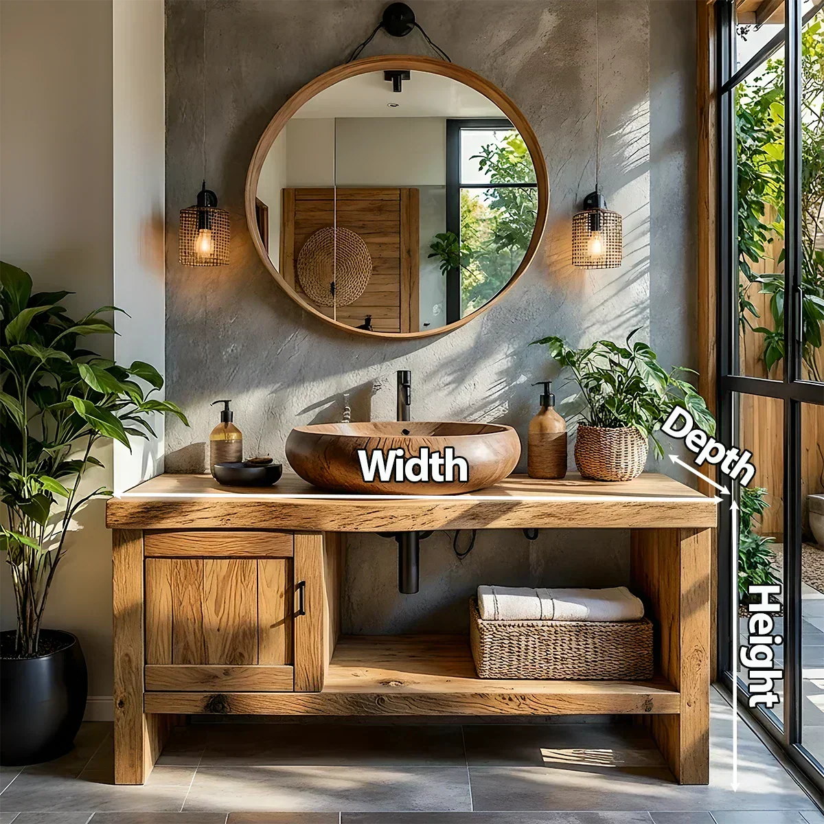 Natural Solid Wood Vanity with Door Cabinet & Open Shelf - Rustiracraft