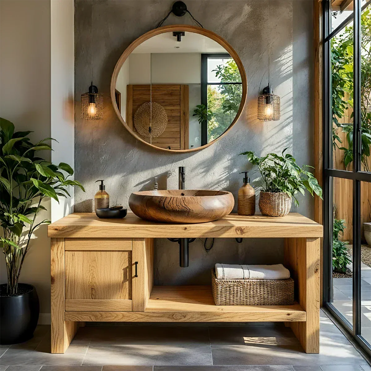 Natural Solid Wood Vanity with Door Cabinet & Open Shelf - Rustiracraft
