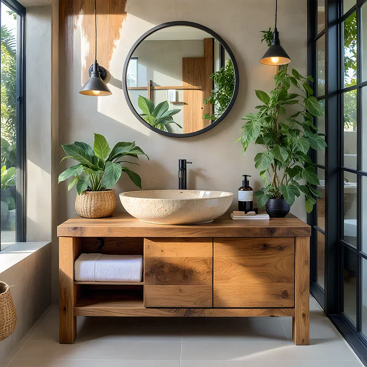 Natural Solid Wood Vanity with Open Shelf & Smooth Grain Doors - Rustiracraft
