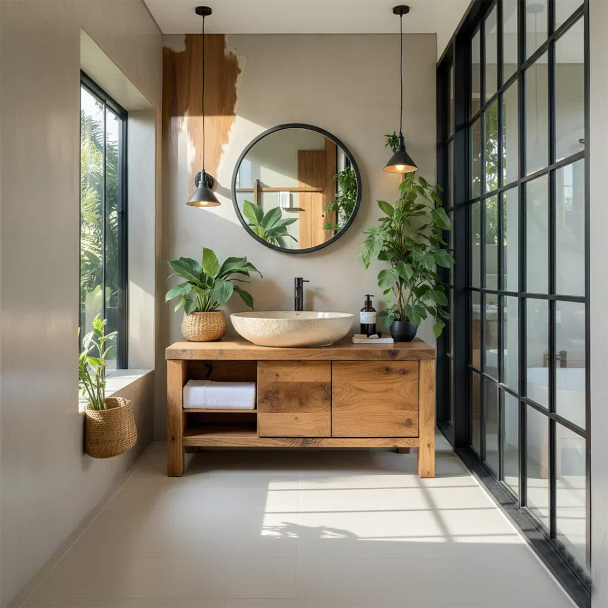 Natural Solid Wood Vanity with Open Shelf & Smooth Grain Doors - Rustiracraft