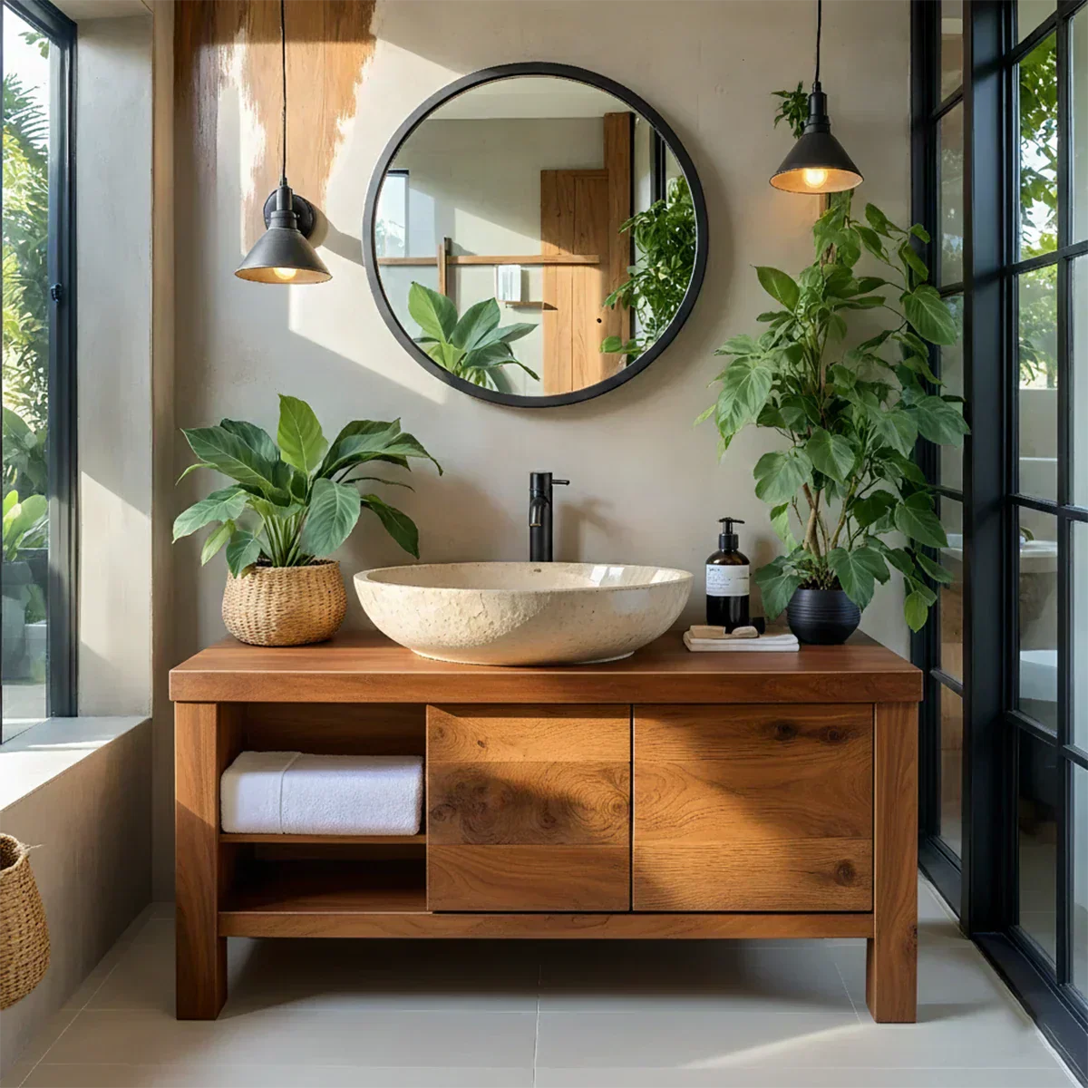 Natural Solid Wood Vanity with Open Shelf & Smooth Grain Doors - Rustiracraft