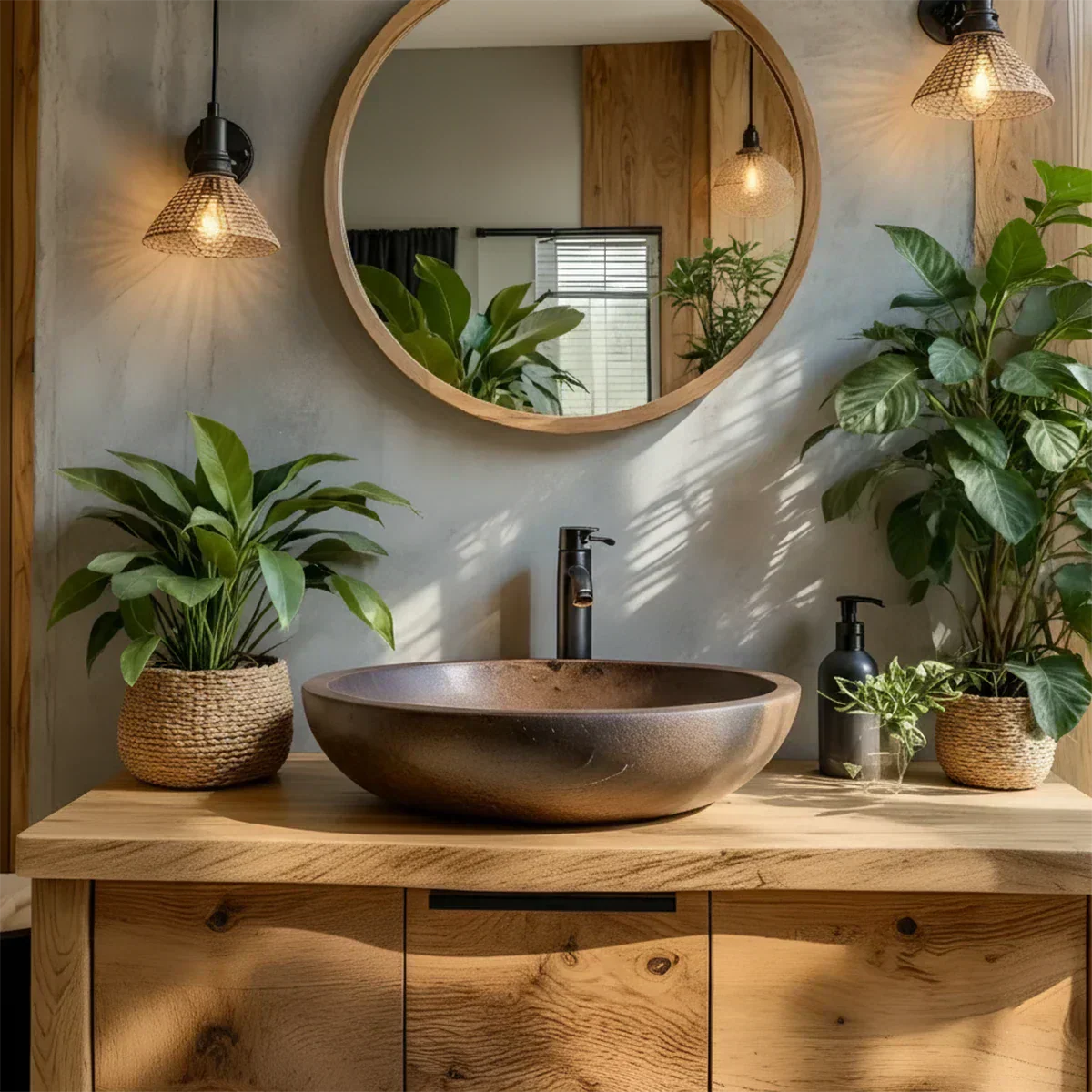 Natural Solid Wood Vanity with Smooth-Corner Frame & Center Cabinet - Rustiracraft