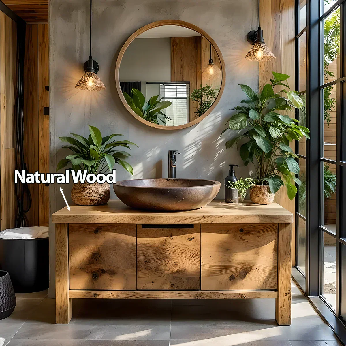 Natural Solid Wood Vanity with Smooth-Corner Frame & Center Cabinet - Rustiracraft