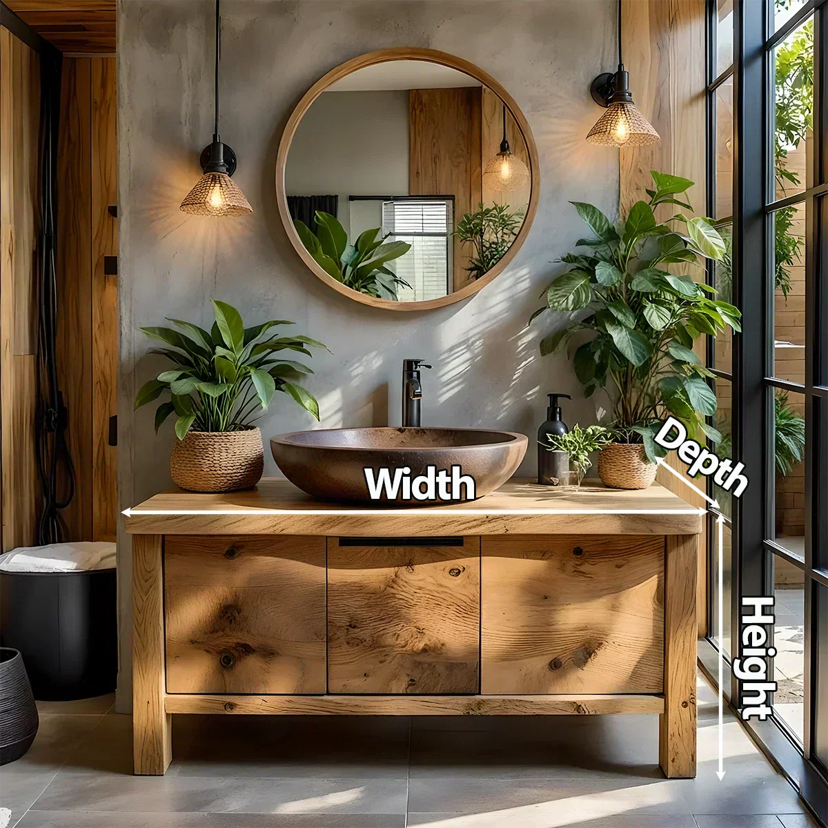 Natural Solid Wood Vanity with Smooth-Corner Frame & Center Cabinet - Rustiracraft