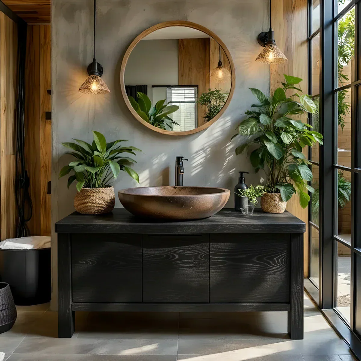Natural Solid Wood Vanity with Smooth-Corner Frame & Center Cabinet - Rustiracraft