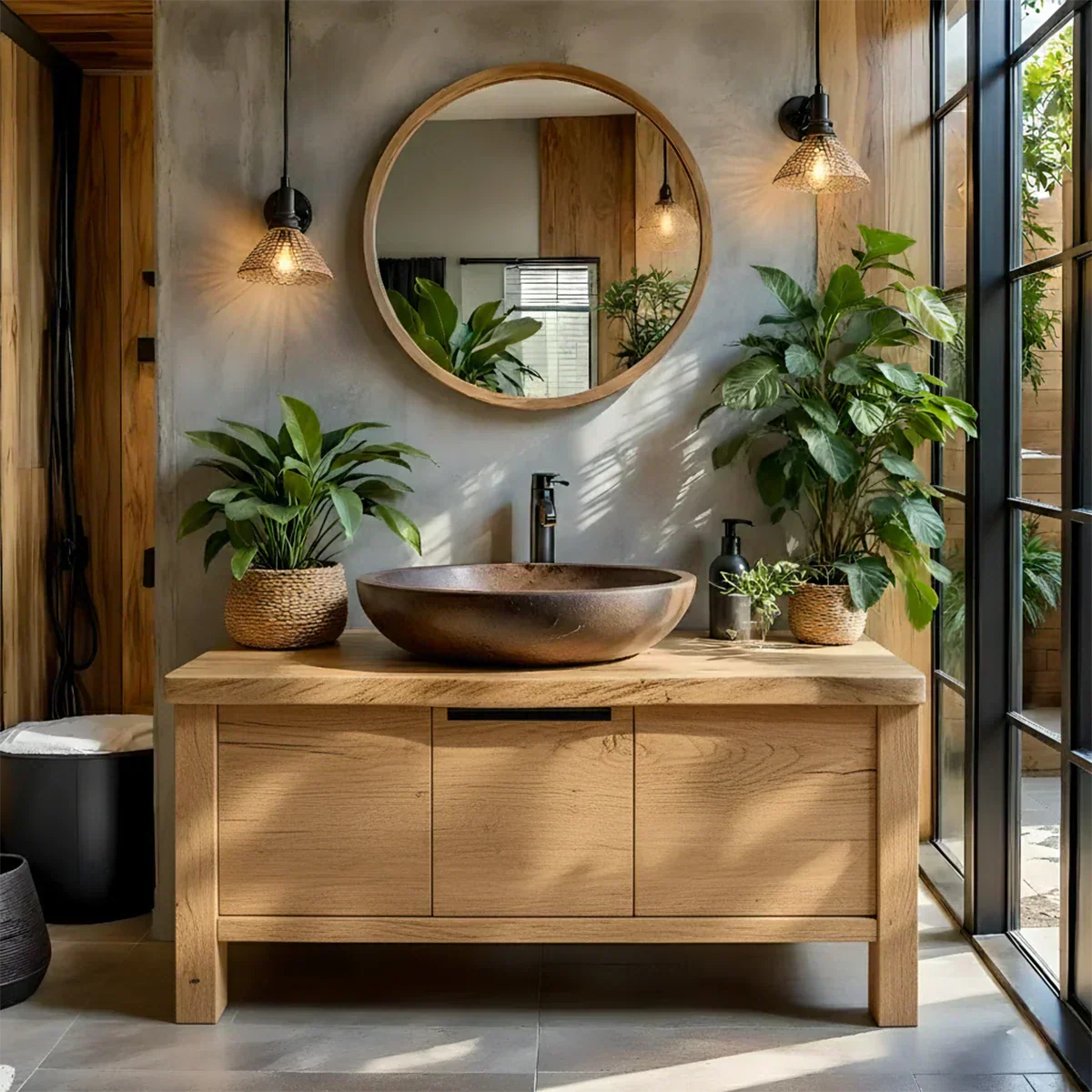 Natural Solid Wood Vanity with Smooth-Corner Frame & Center Cabinet - Rustiracraft