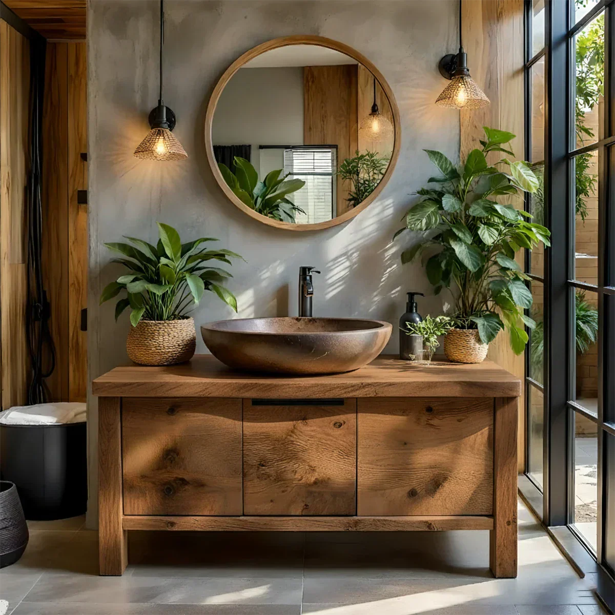 Natural Solid Wood Vanity with Smooth-Corner Frame & Center Cabinet - Rustiracraft