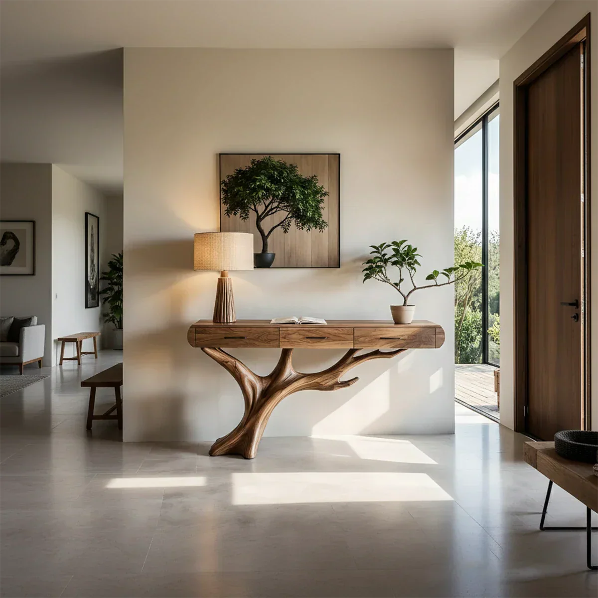 Natural Wood Entryway Console Table with Drawers and Sculptural Tree Base - Rustiracraft