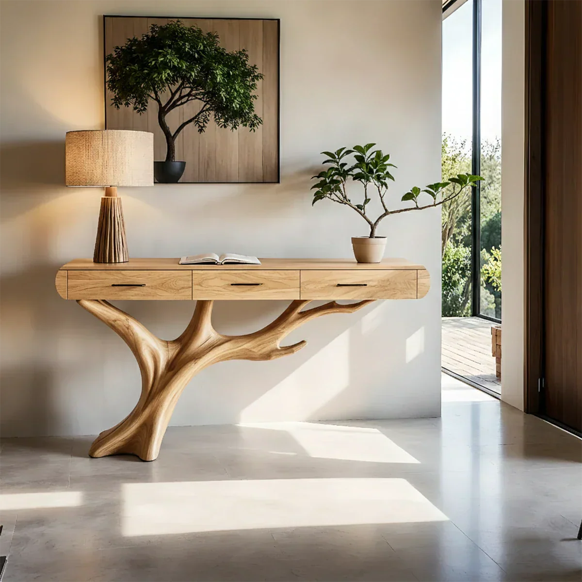 Natural Wood Entryway Console Table with Drawers and Sculptural Tree Base - Rustiracraft