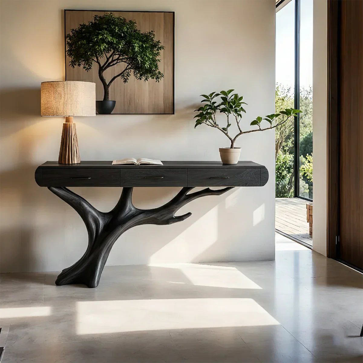 Natural Wood Entryway Console Table with Drawers and Sculptural Tree Base - Rustiracraft