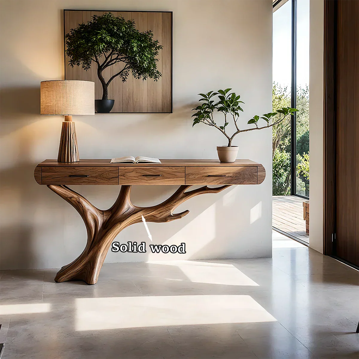 Natural Wood Entryway Console Table with Drawers and Sculptural Tree Base - Rustiracraft
