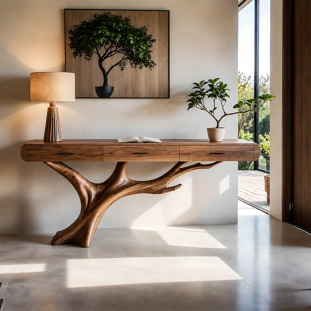 Natural Wood Entryway Console Table with Drawers and Sculptural Tree Base - Rustiracraft