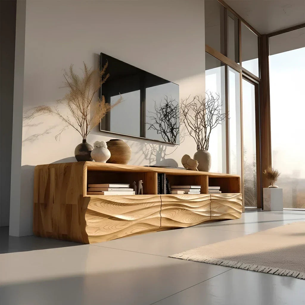 Oak Sculpted TV Stand with Open Shelves – Japandi Media Console - Rustiracraft
