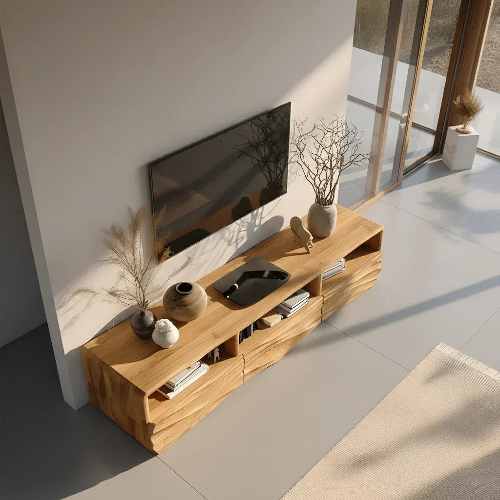 Oak Sculpted TV Stand with Open Shelves – Japandi Media Console - Rustiracraft