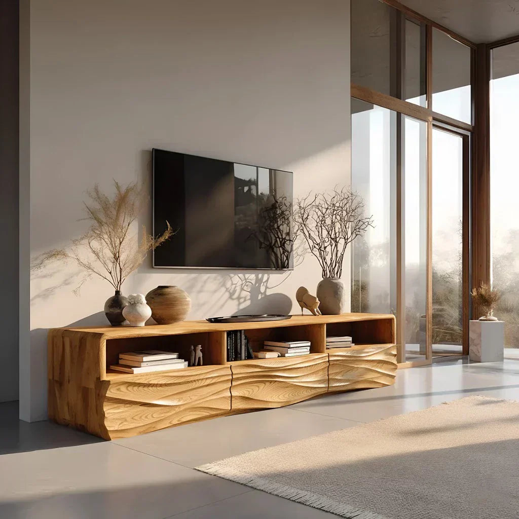 Oak Sculpted TV Stand with Open Shelves – Japandi Media Console - Rustiracraft