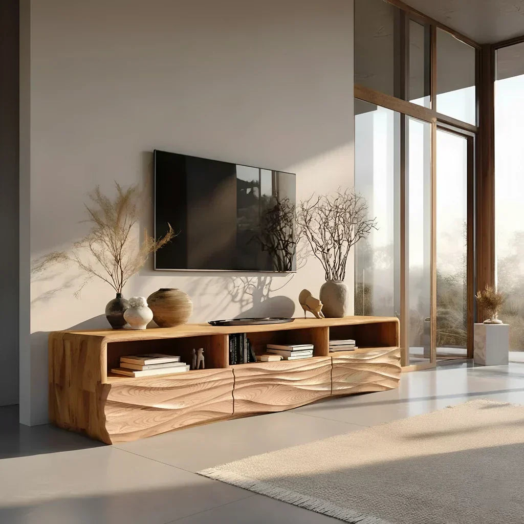 Oak Sculpted TV Stand with Open Shelves – Japandi Media Console - Rustiracraft