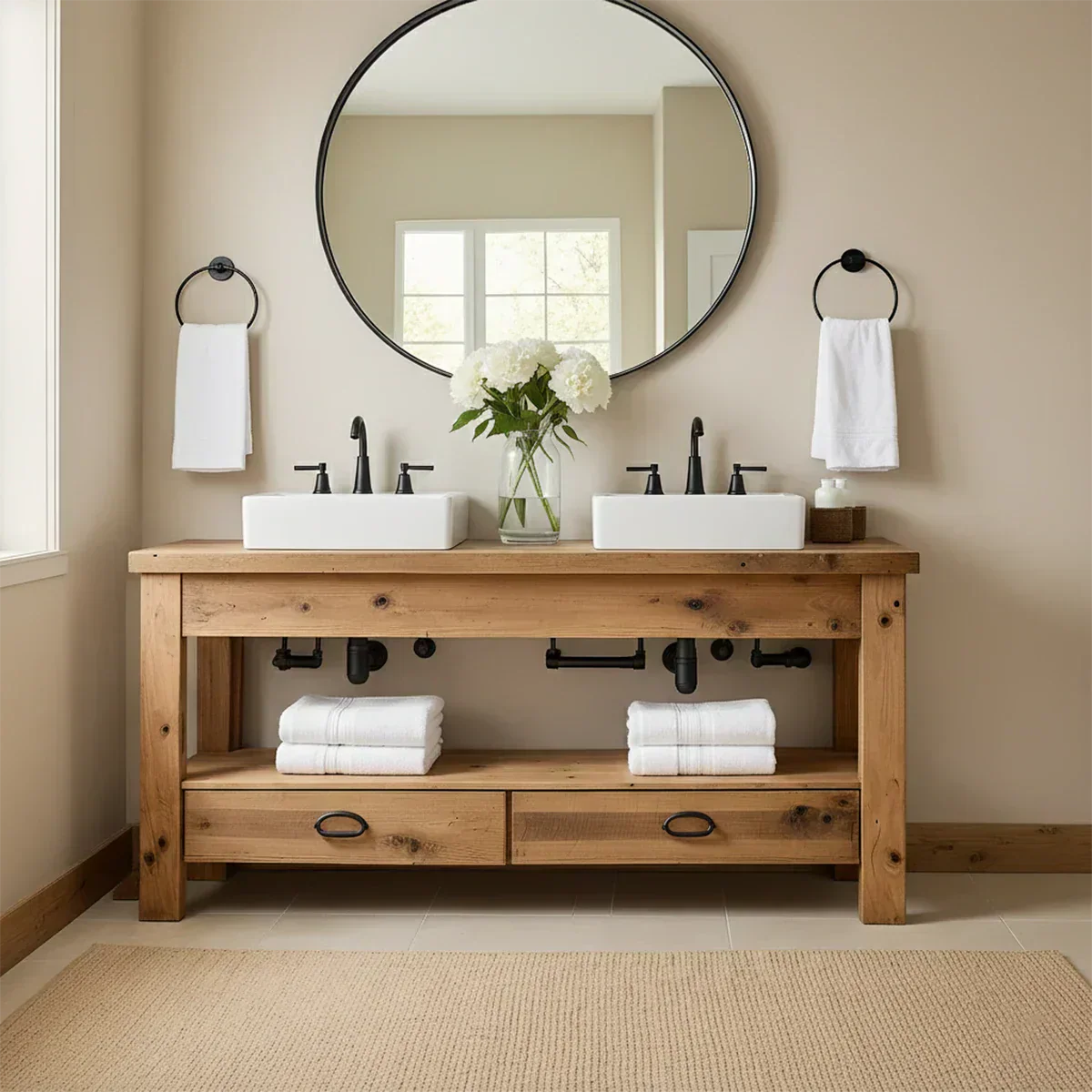 Open Frame Double Sink Solid Wood Vanity – Japandi Rustic Design - Rustiracraft