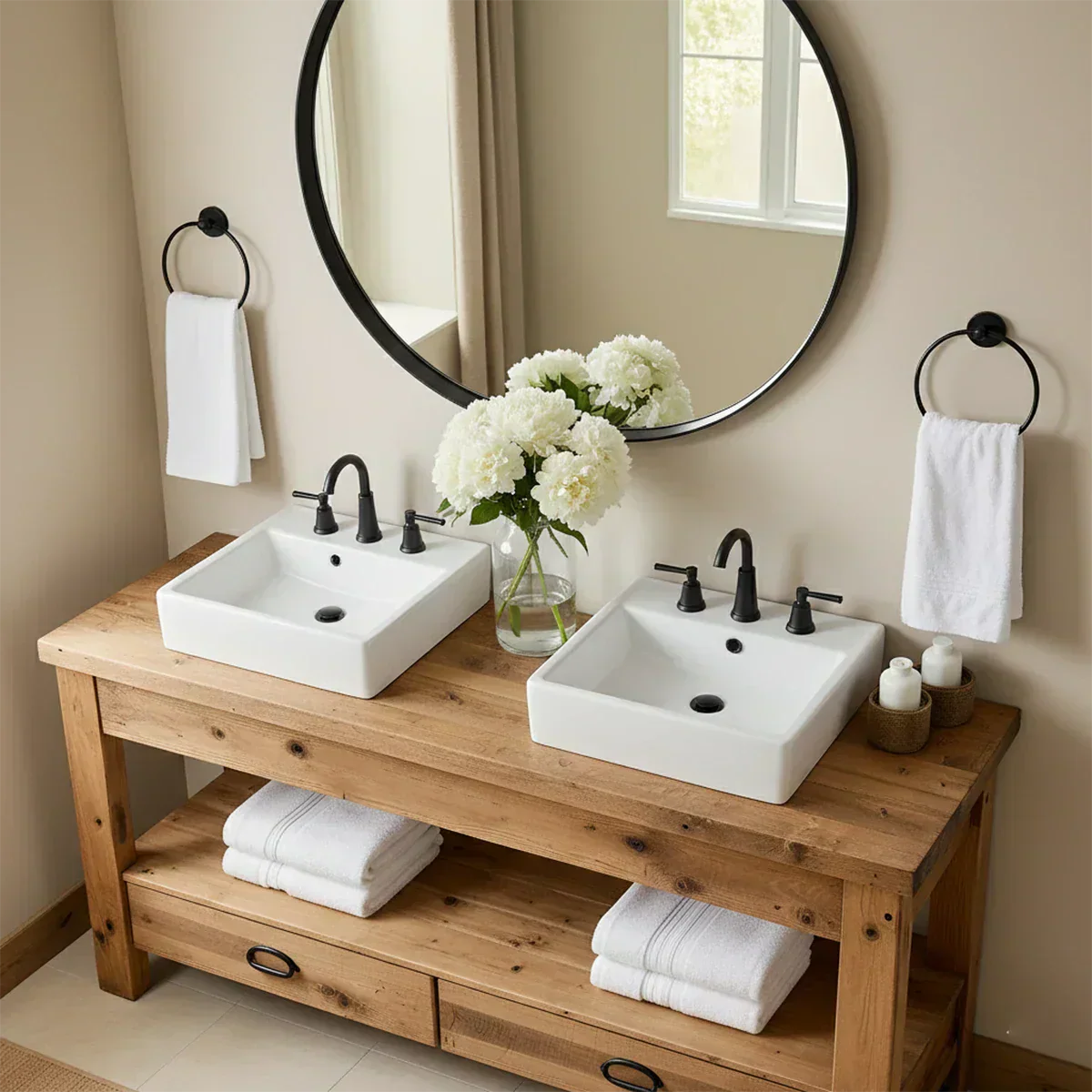 Open Frame Double Sink Solid Wood Vanity – Japandi Rustic Design - Rustiracraft