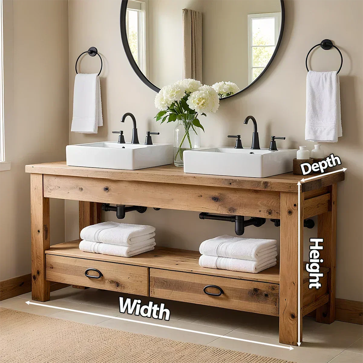 Open Frame Double Sink Solid Wood Vanity – Japandi Rustic Design - Rustiracraft