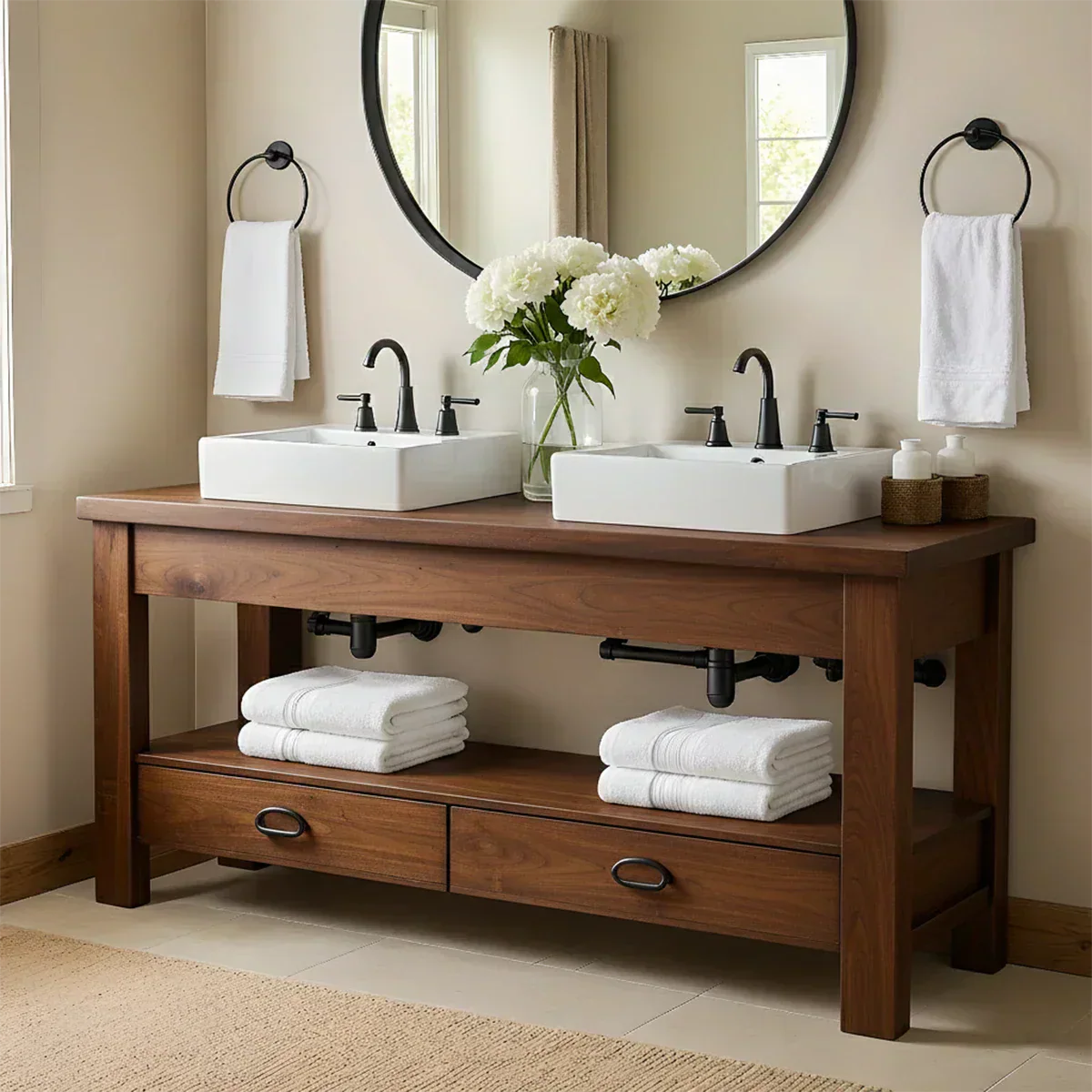 Open Frame Double Sink Solid Wood Vanity – Japandi Rustic Design - Rustiracraft