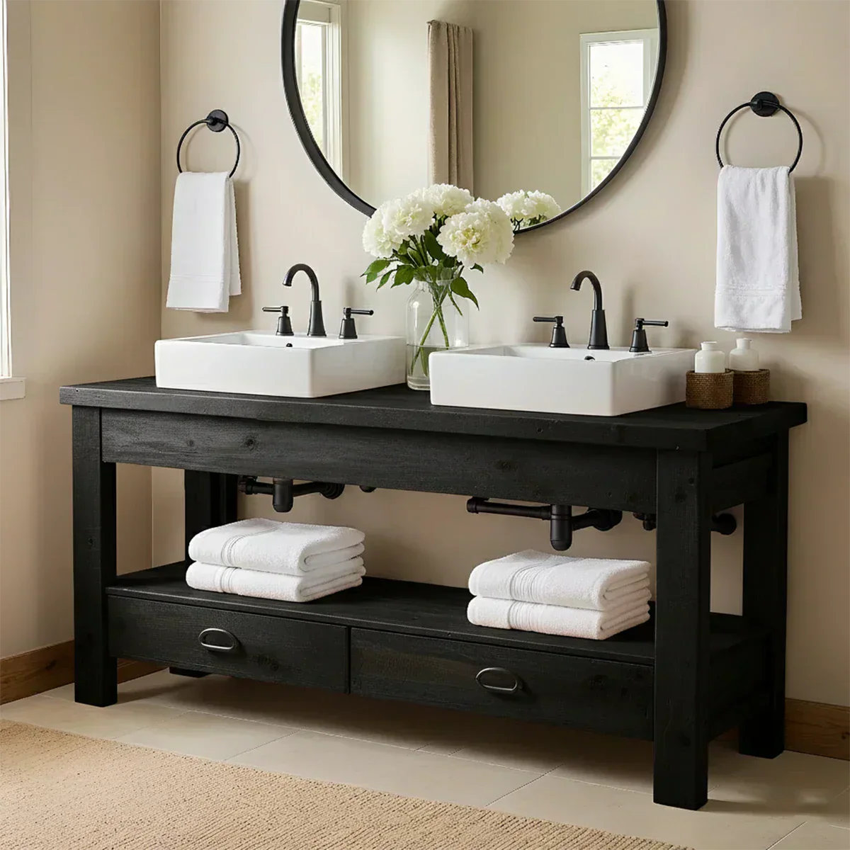 Open Frame Double Sink Solid Wood Vanity – Japandi Rustic Design - Rustiracraft