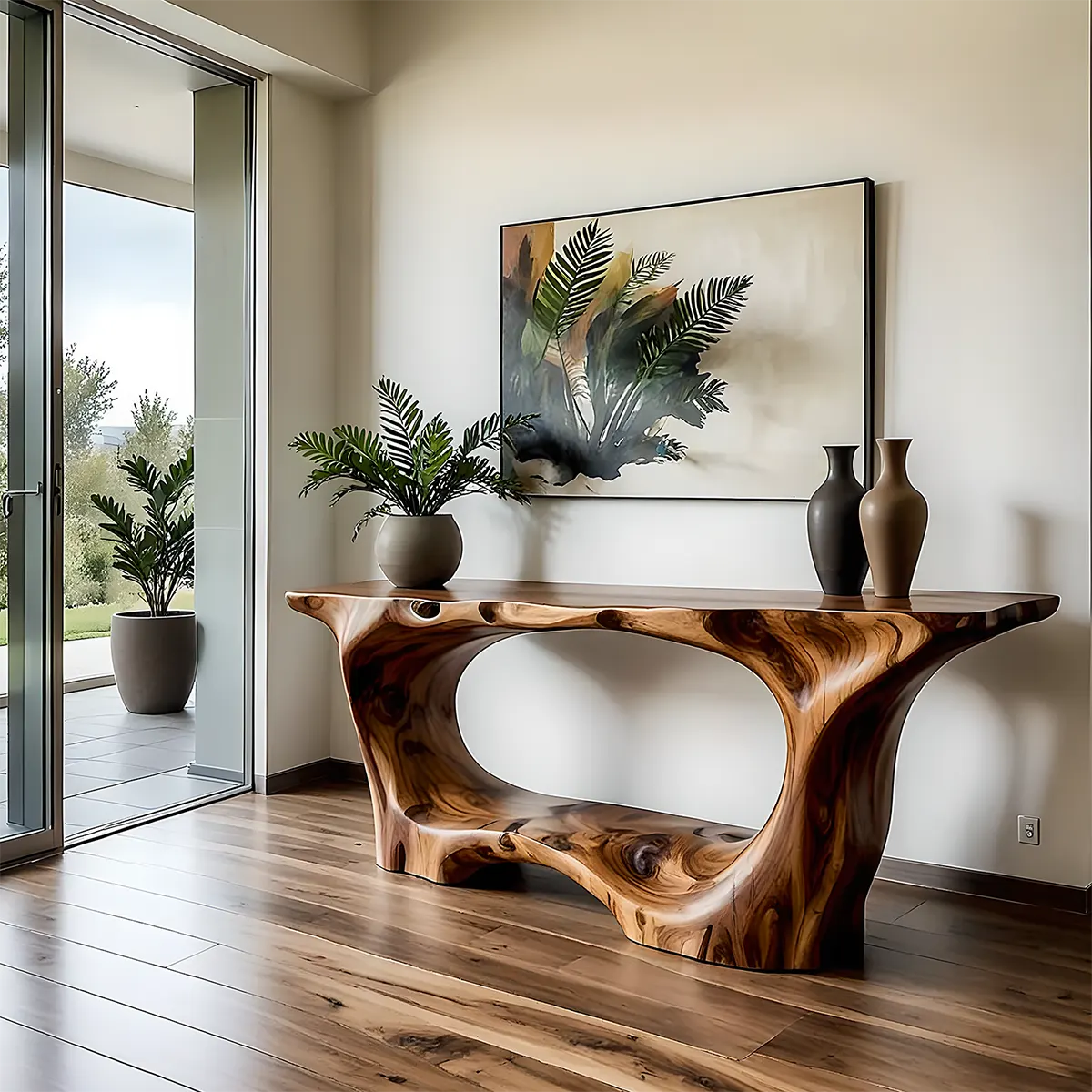 Open Frame Walnut Console Table – Natural Sculptural Form - Rustiracraft