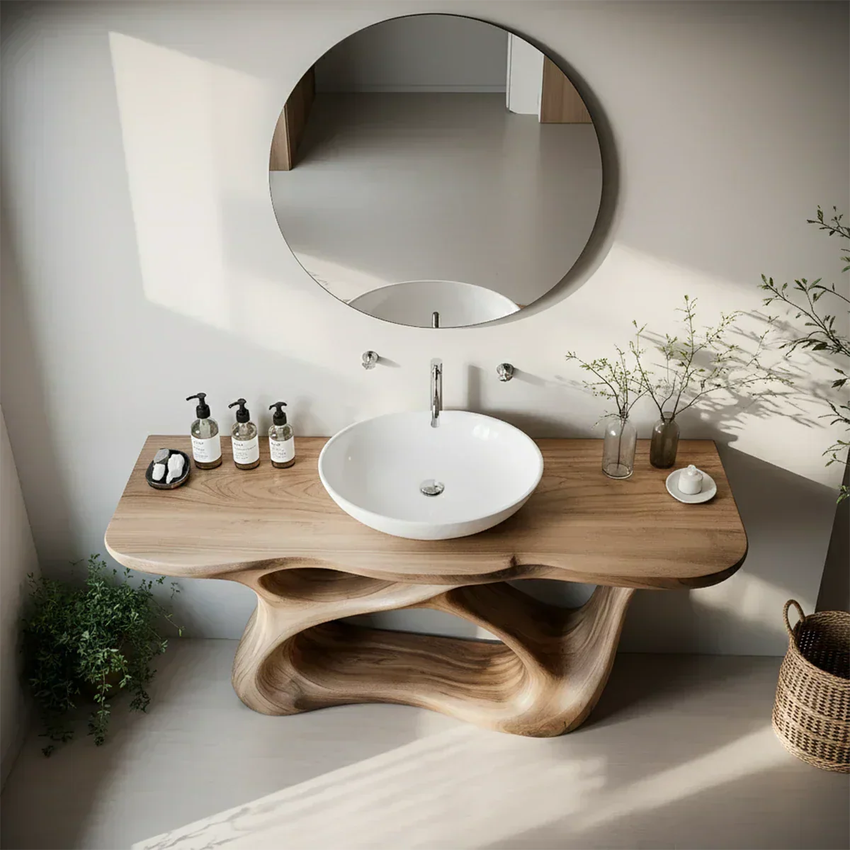 Organic Flow Solid Wood Vanity with Sculptural Form - Rustiracraft