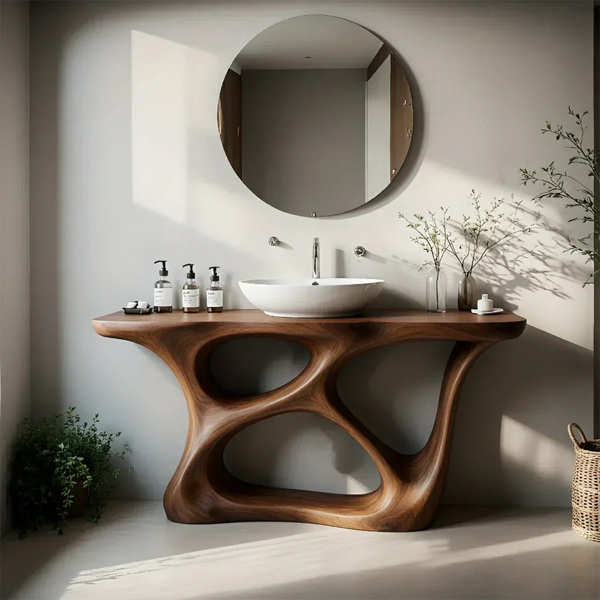 Organic Flow Solid Wood Vanity with Sculptural Form - Rustiracraft