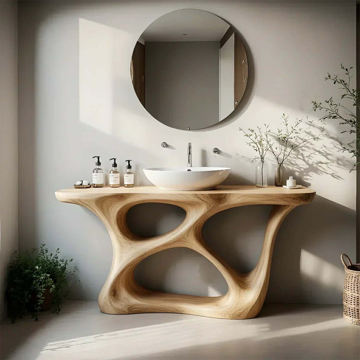 Organic Flow Solid Wood Vanity with Sculptural Form - Rustiracraft