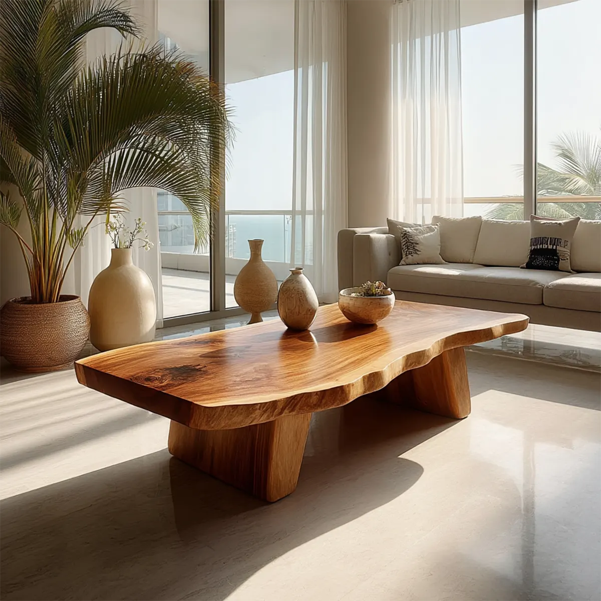 Organic Live Edge Coffee Table with Double Pedestal Base in Natural Solid Wood - Rustiracraft