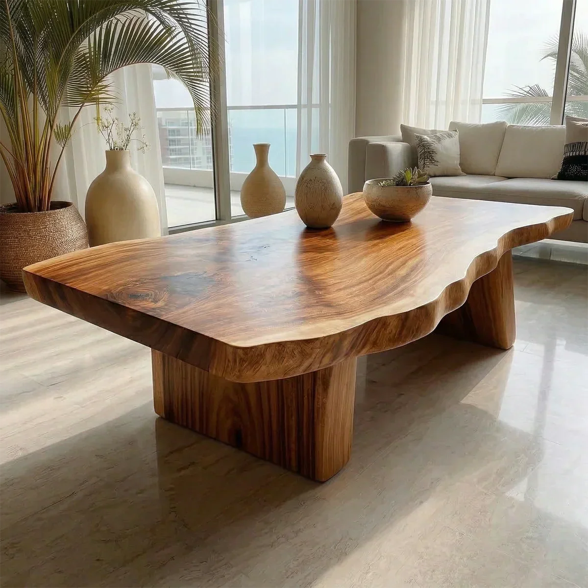 Organic Live Edge Coffee Table with Double Pedestal Base in Natural Solid Wood - Rustiracraft