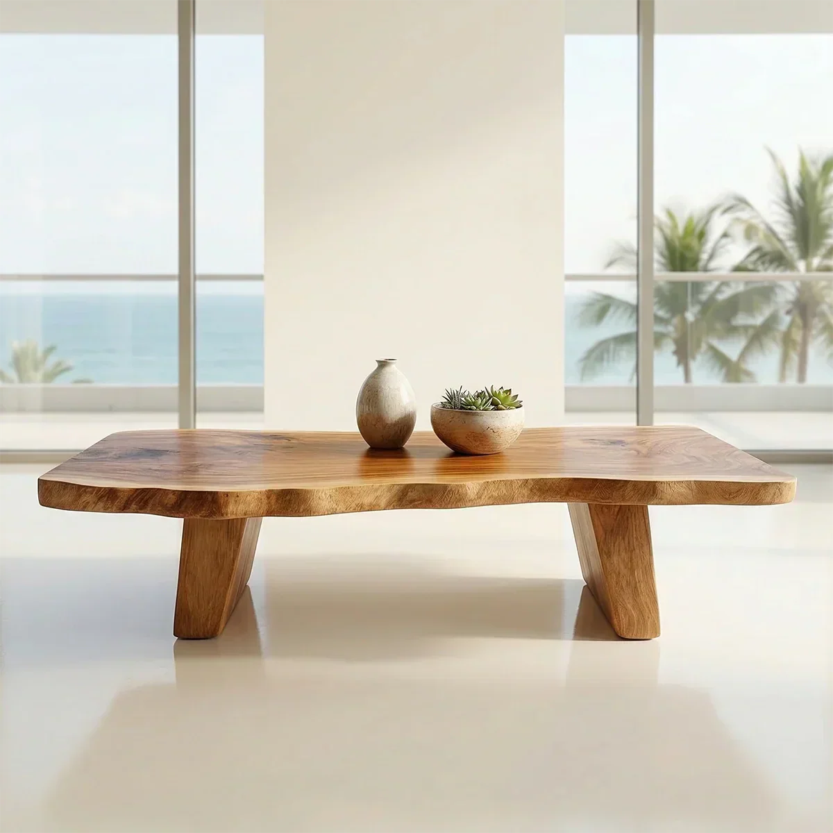 Organic Live Edge Coffee Table with Double Pedestal Base in Natural Solid Wood - Rustiracraft