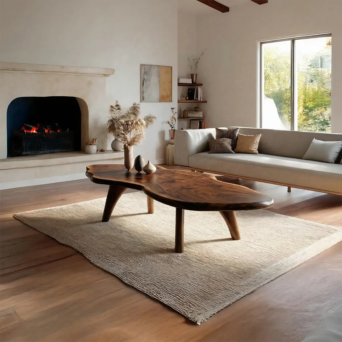 Organic Live Edge Natural Solid Wood Coffee Table with Sculptural Legs - Rustiracraft