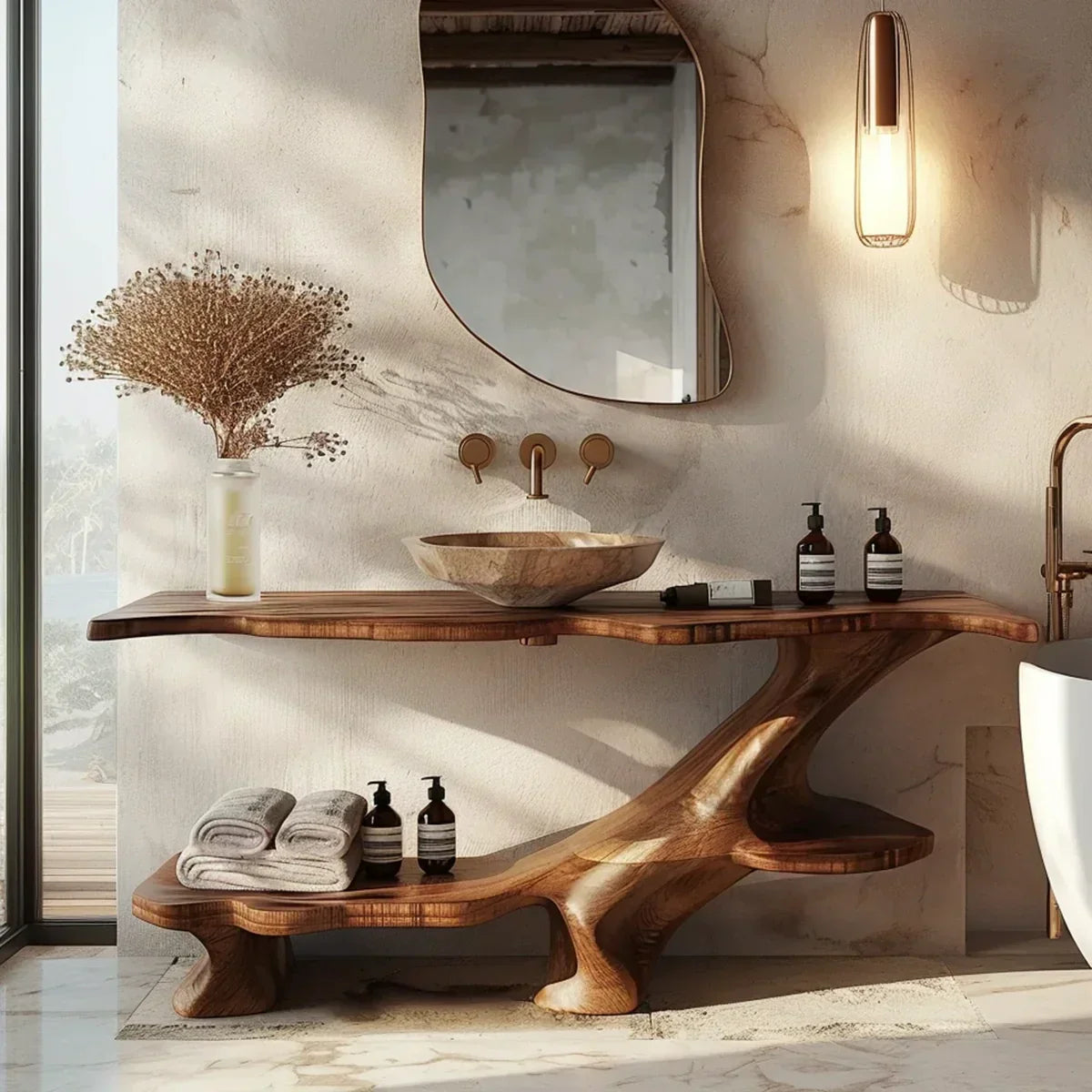 Organic Solid Wood Bathroom Vanity With Sculptural Base & Shelf - Rustiracraft