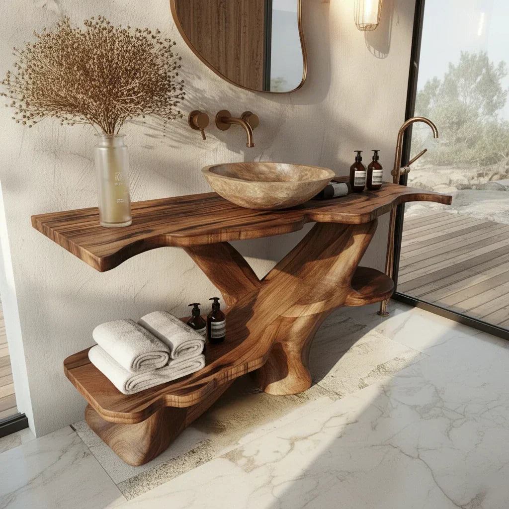 Organic Solid Wood Bathroom Vanity With Sculptural Base & Shelf - Rustiracraft