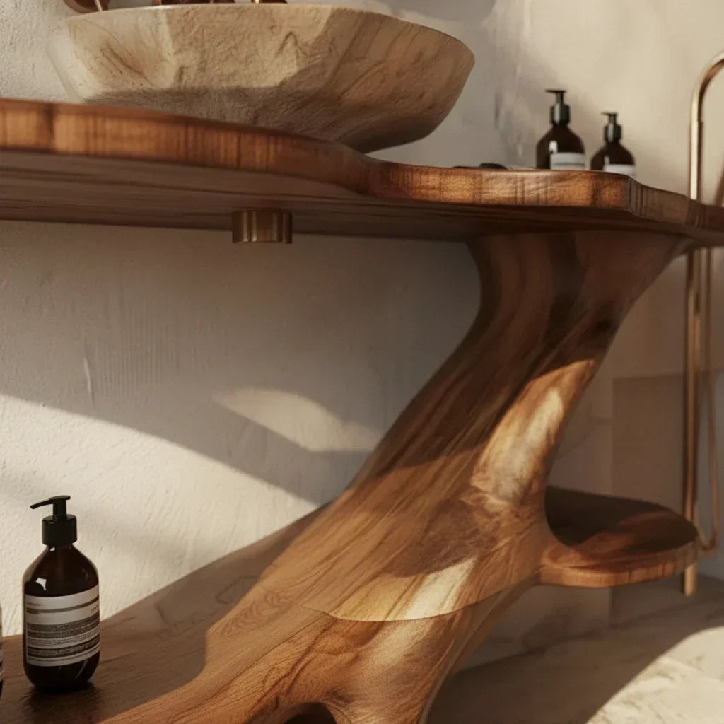 Organic Solid Wood Bathroom Vanity With Sculptural Base & Shelf - Rustiracraft