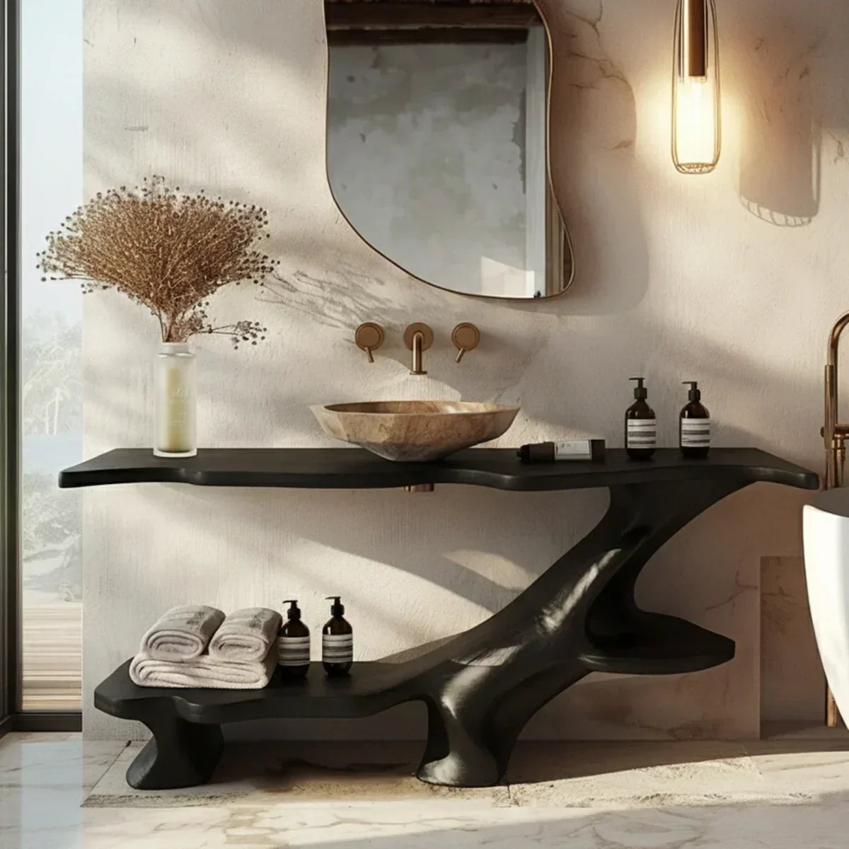 Organic Solid Wood Bathroom Vanity With Sculptural Base & Shelf - Rustiracraft