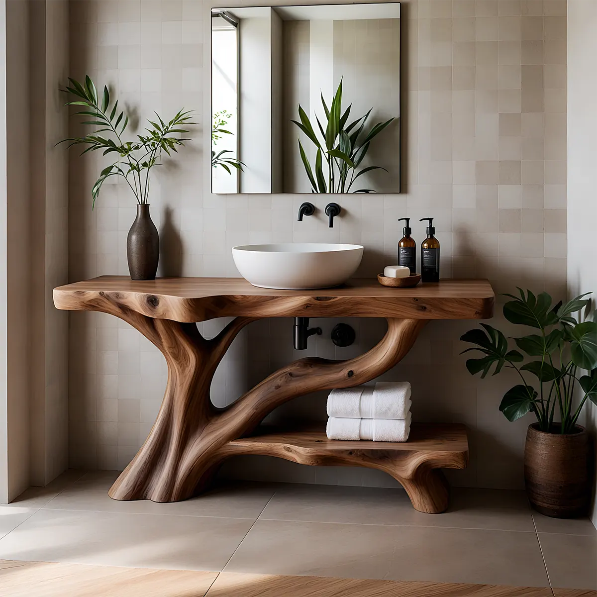 Organic Tree-Inspired Live Edge Solid Wood Bathroom Vanity - Rustiracraft