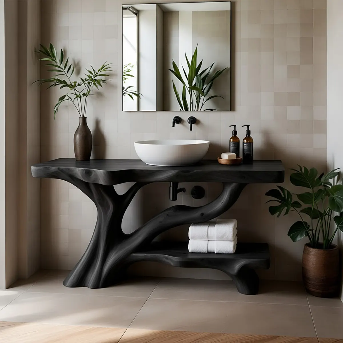 Organic Tree-Inspired Live Edge Solid Wood Bathroom Vanity - Rustiracraft