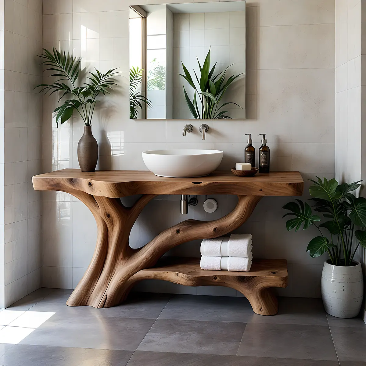 Organic Tree-Inspired Live Edge Solid Wood Bathroom Vanity - Rustiracraft