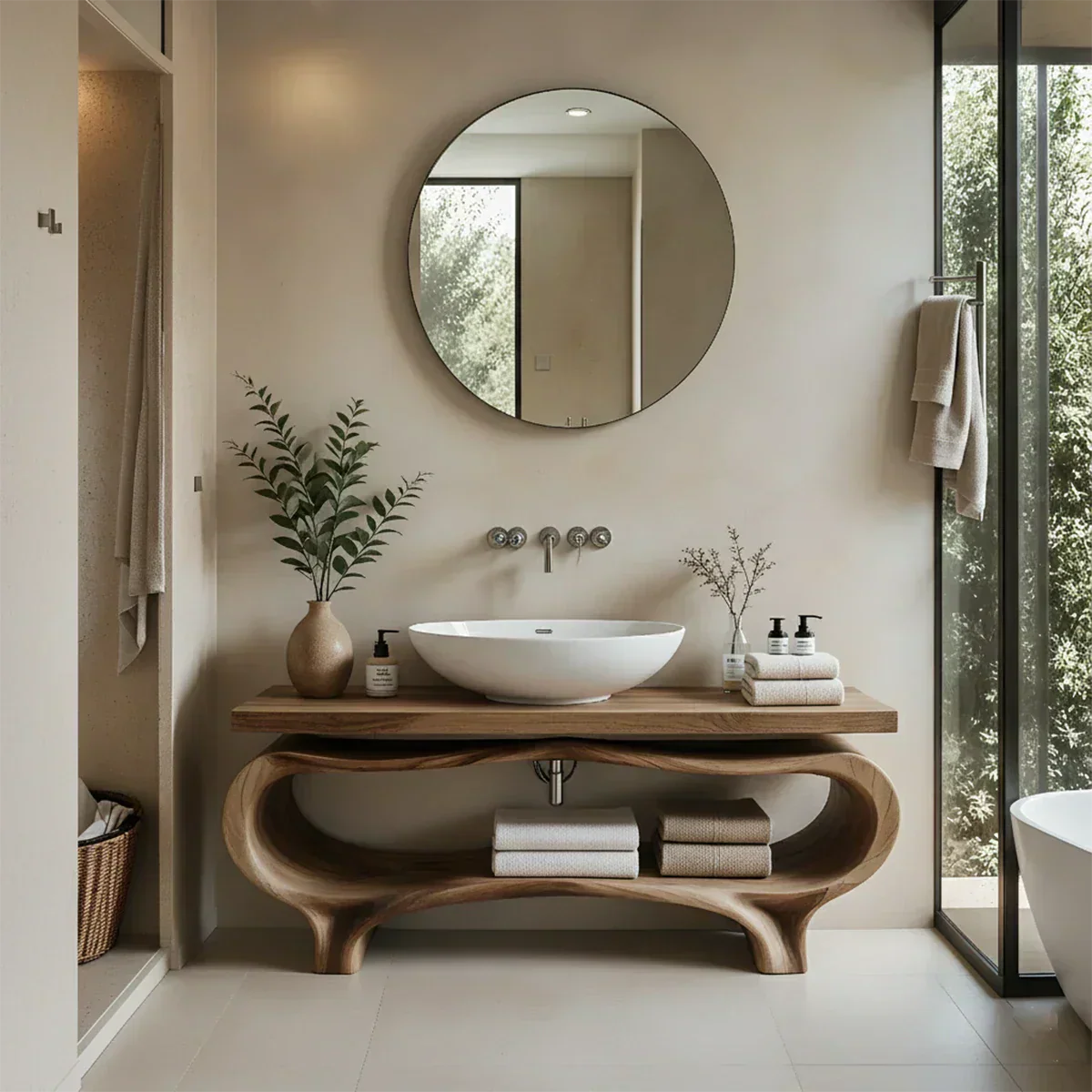Organic Wave Solid Wood Vanity – Sculpted Open Shelf Spa Console - Rustiracraft
