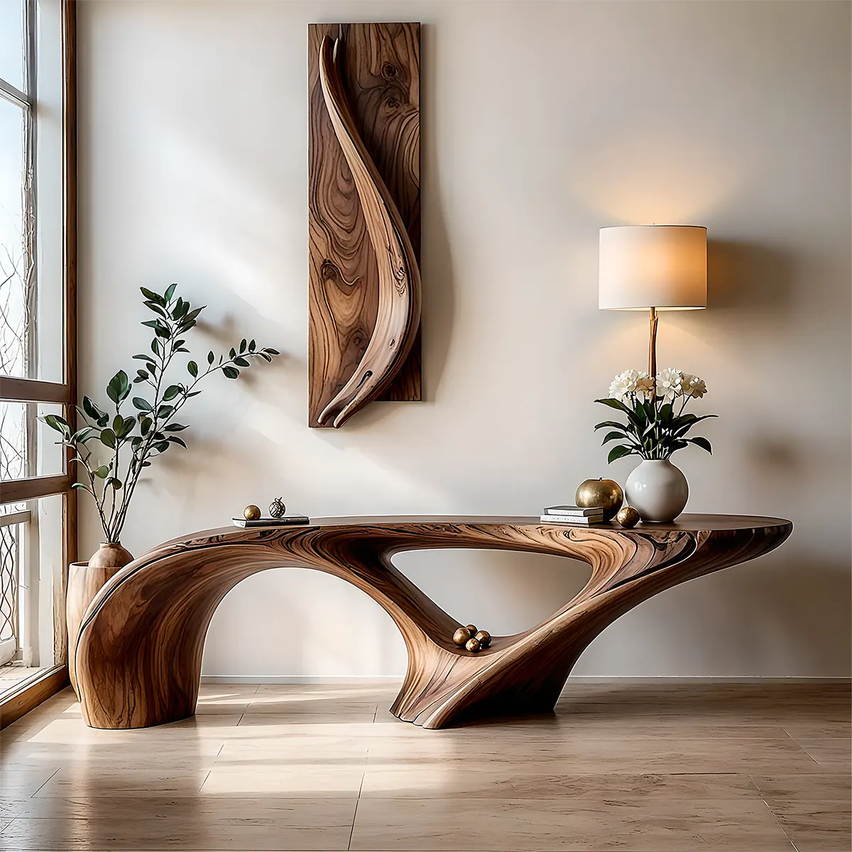 Organic Wave Walnut Console Table – Handcrafted Wood Art - Rustiracraft