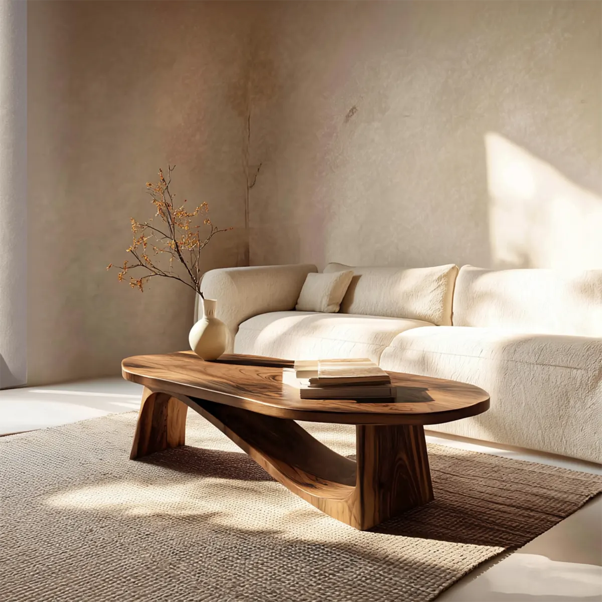 Oval Sculptural Coffee Table with Bridge Base in Natural Solid Wood - Rustiracraft