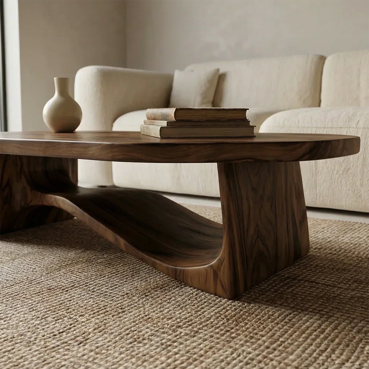 Oval Sculptural Coffee Table with Bridge Base in Natural Solid Wood - Rustiracraft