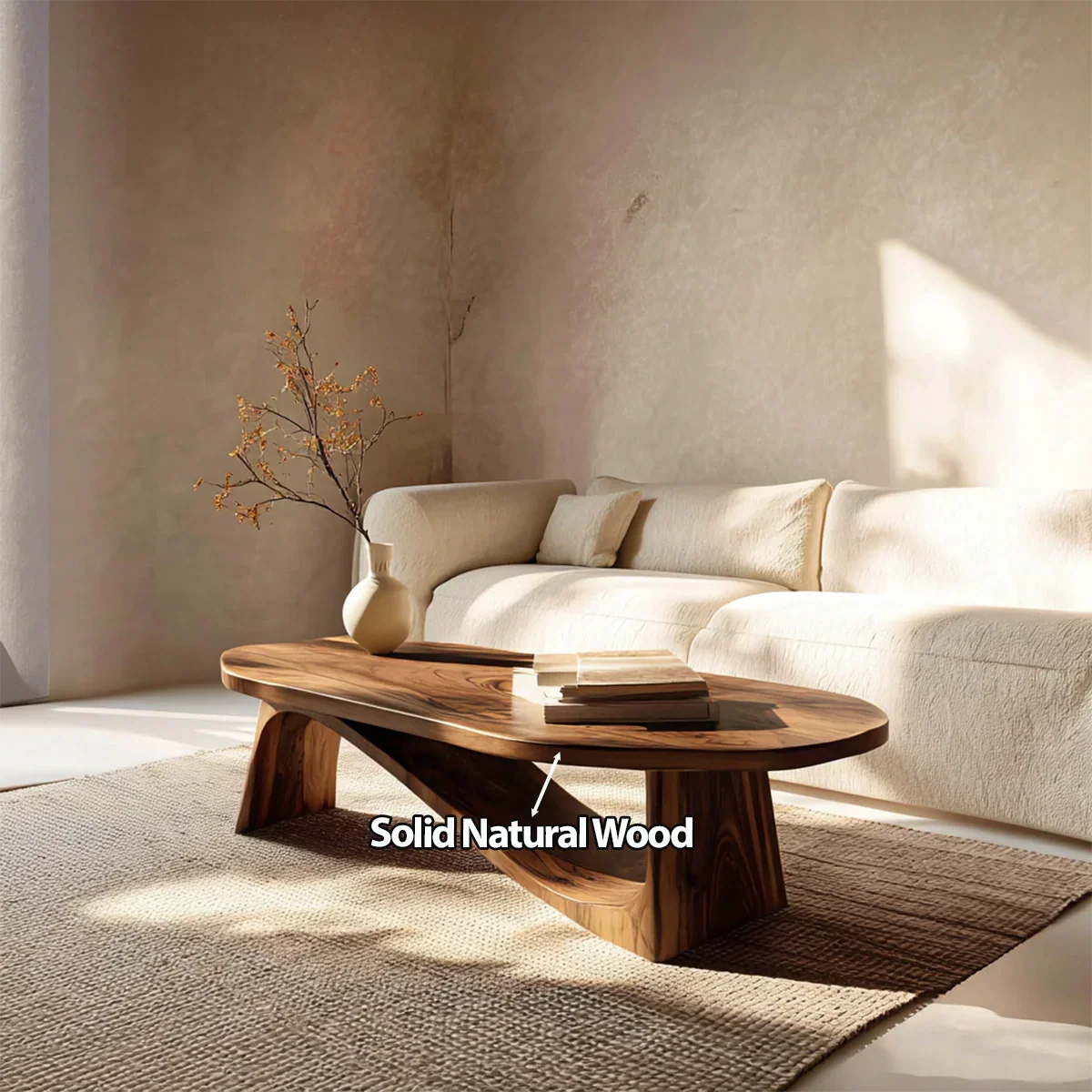 Oval Sculptural Coffee Table with Bridge Base in Natural Solid Wood - Rustiracraft