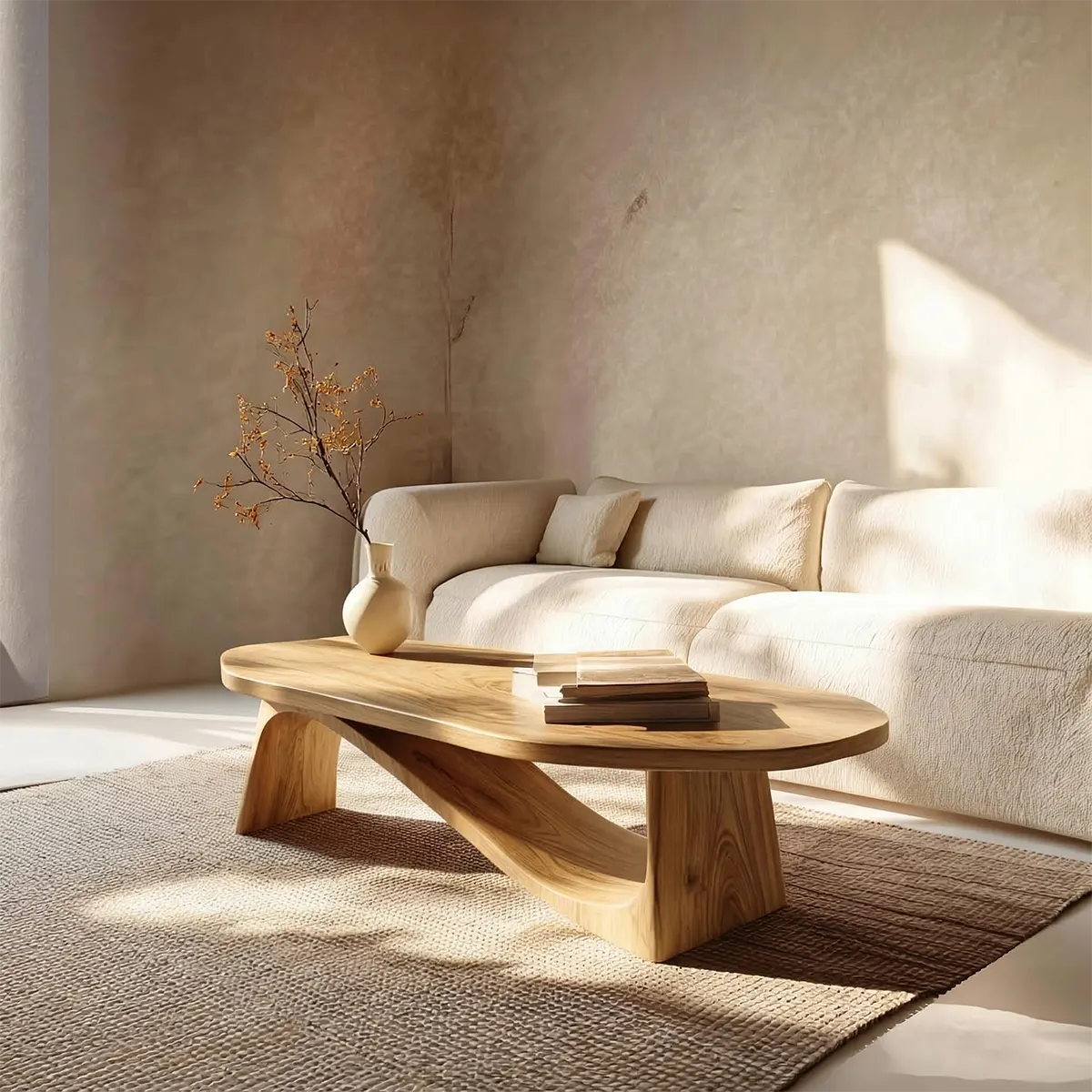 Oval Sculptural Coffee Table with Bridge Base in Natural Solid Wood - Rustiracraft