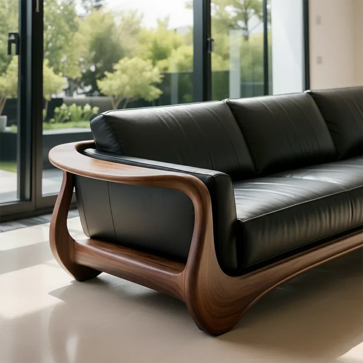 Premium Leather & Natural Solid Wood Sofa – Sculpted Modern Form - Rustiracraft