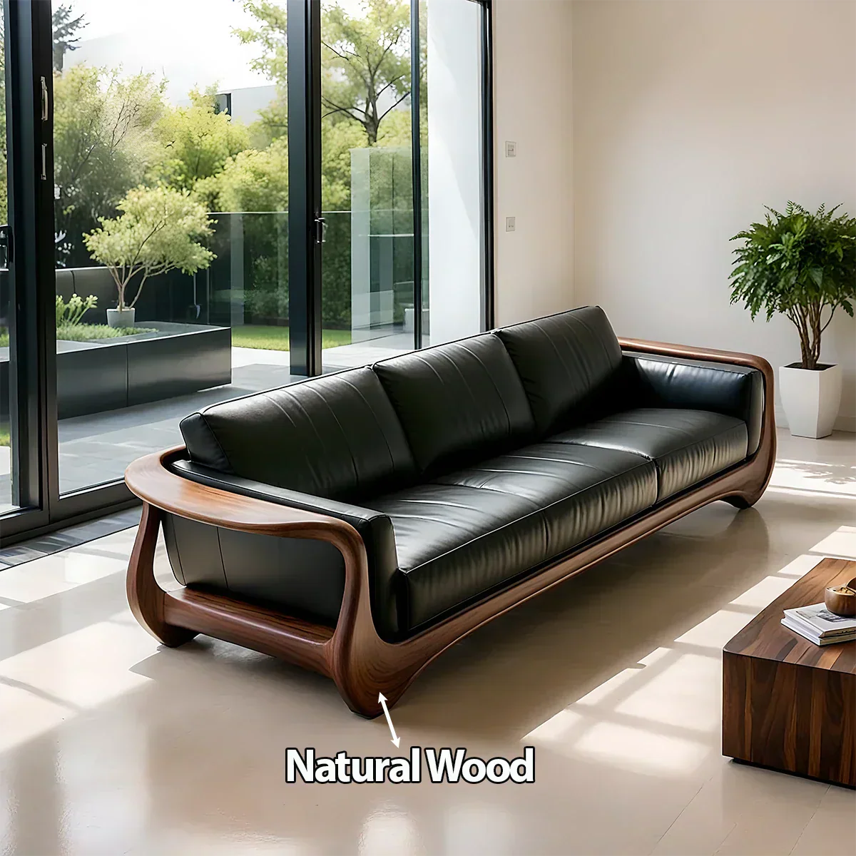 Premium Leather & Natural Solid Wood Sofa – Sculpted Modern Form - Rustiracraft
